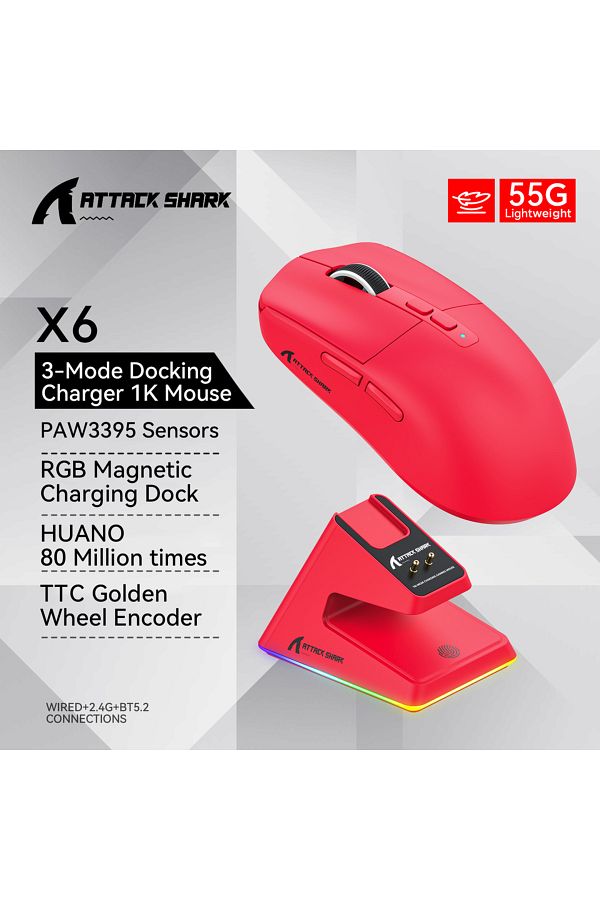 Choice-X6 Red Attack Shark X6 PAW3395 Bluetooth Mouse,Tri-Mode Connection,RGB Touch Magnetic Charging Base, 1