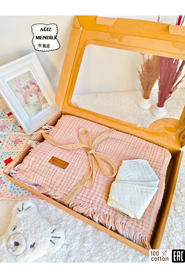 Tomuycuk 4 Kat Müslin Kahverengi Saçaklı Bebek Battaniyesi 100x120 Cm- %100 Pamuklu & Çok Amaçlı Battaniye