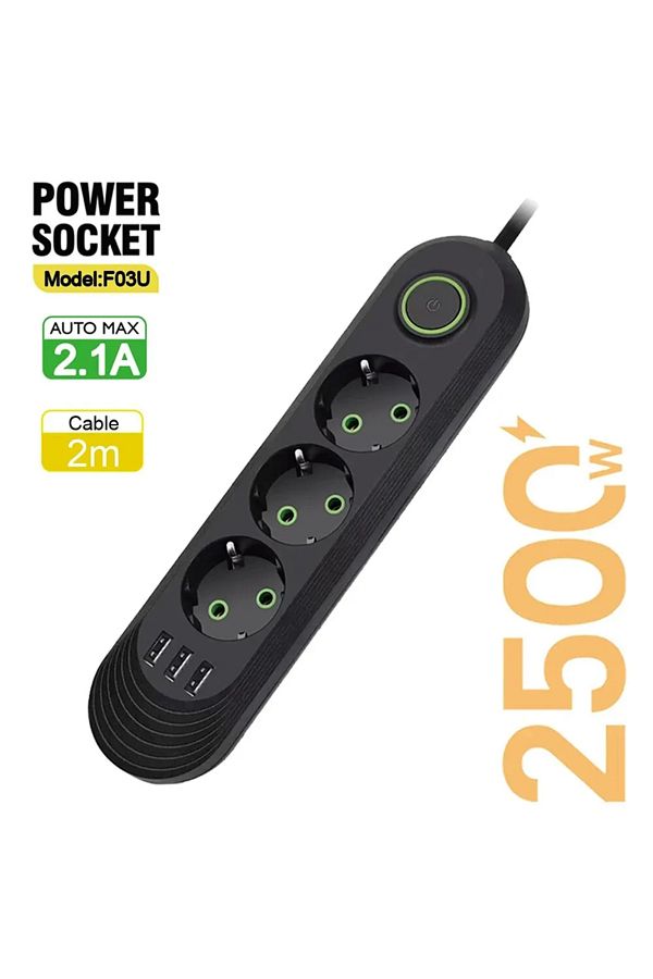 XMSJ-EU Plug 3AC Black 2500W EU Plug AC Outlet Multiprise Power Strip 2M Extension Cord Electrical Socket 1
