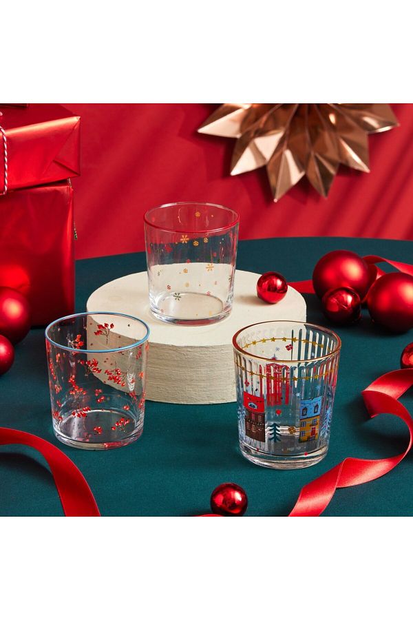 Karaca-Home Neujahr Weihnachten 3-teiliges Metzgerbesen-Glasbecher-Set, 380 ml, Mehrfarbig 1