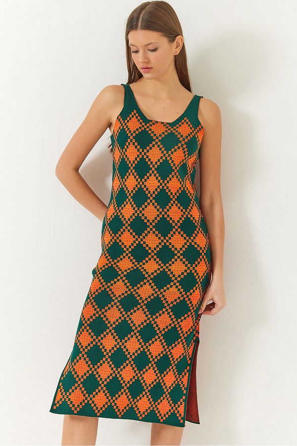 Bianco Lucci-Damen-Jacquardkleid mit Schlitz und detaillierten Trägern 60261403 1