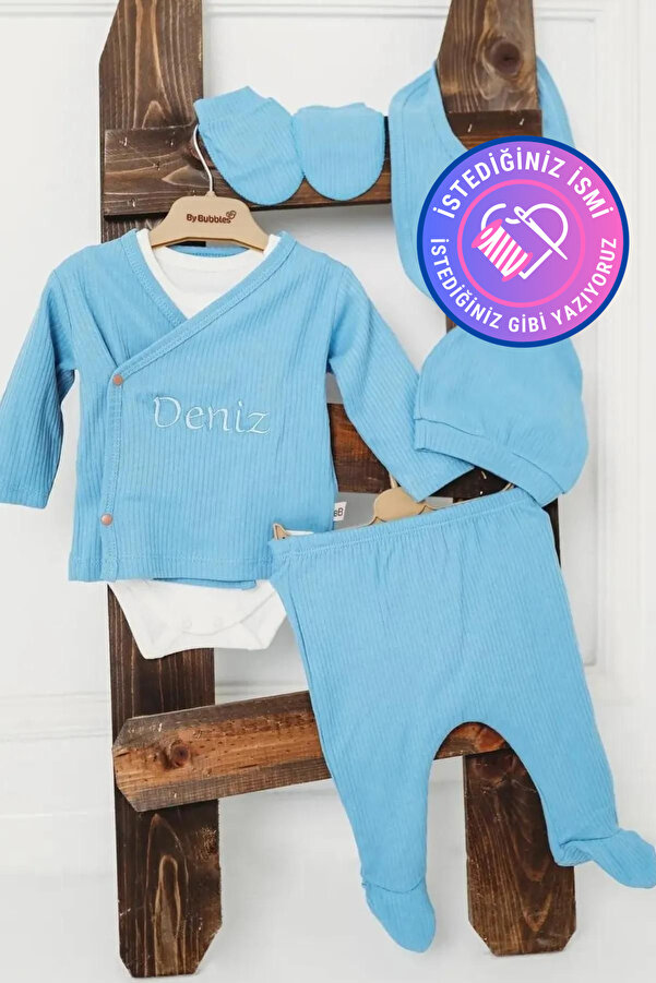 tinykiddesign Zıbın Seti Yeni Doğan Bebek Zıbın Seti 6 Parça Mavi Istediğiniz Ismi Nakışla Yazıyoruz