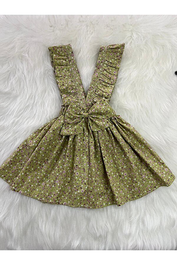 Eylülce Butik KIZ ÇOCUK YEŞİL ÇİÇEKLİ FİYONKLU FIRFIR ASKILI SALOPET ELBİSE  (%100 PAMUK KUMAŞTAN ÜRETİLMİŞTİR.)