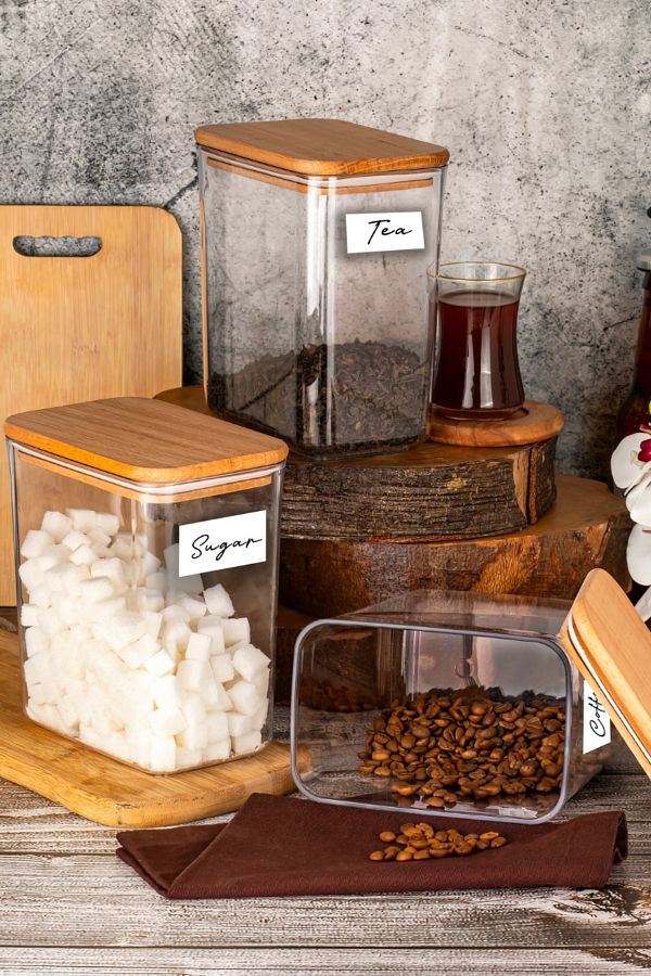 Comprox-Set of 3 Rectangular Vacuum Wooden Storage Containers with Lids |   Tea, Sugar, Coffee Container Set (2200Mlx3Adet 1