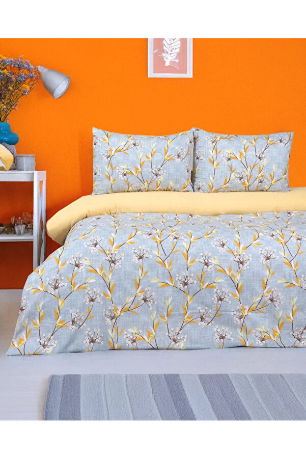 Sares Home Çiçekli Sarı Lavanta Desen Tek Kişilik Nevresim Takımı Çift Taraflı Kullanım Çarşafı Düz Sarı Renk