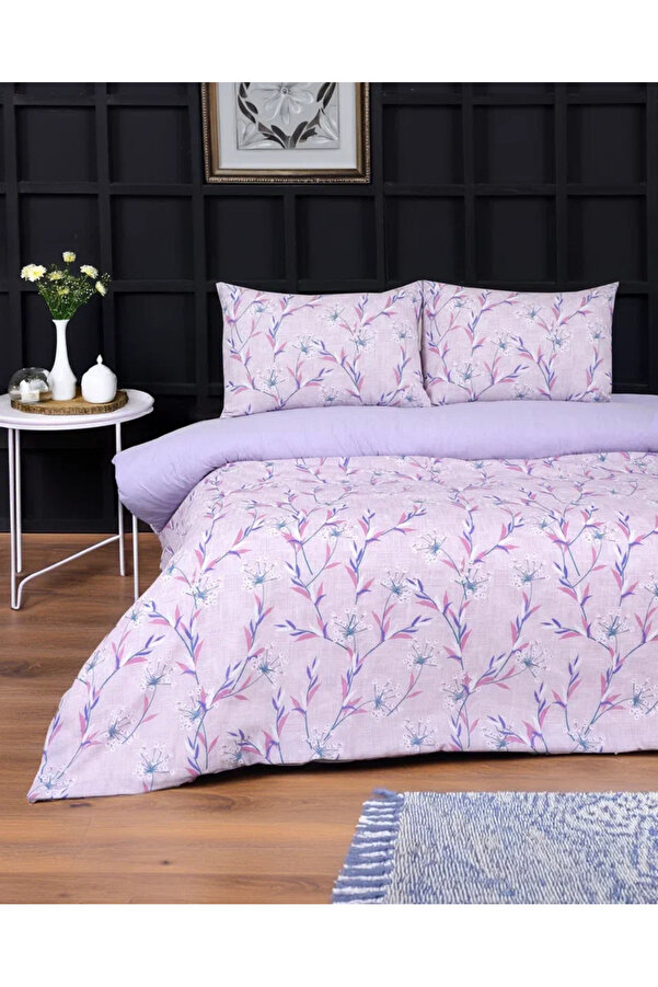 Sares Home Çiçekli Lavanta Desen Tek Kişilik Nevresim Takımı Iki Yönlü Kullanım Çarşafı Düz Lila
