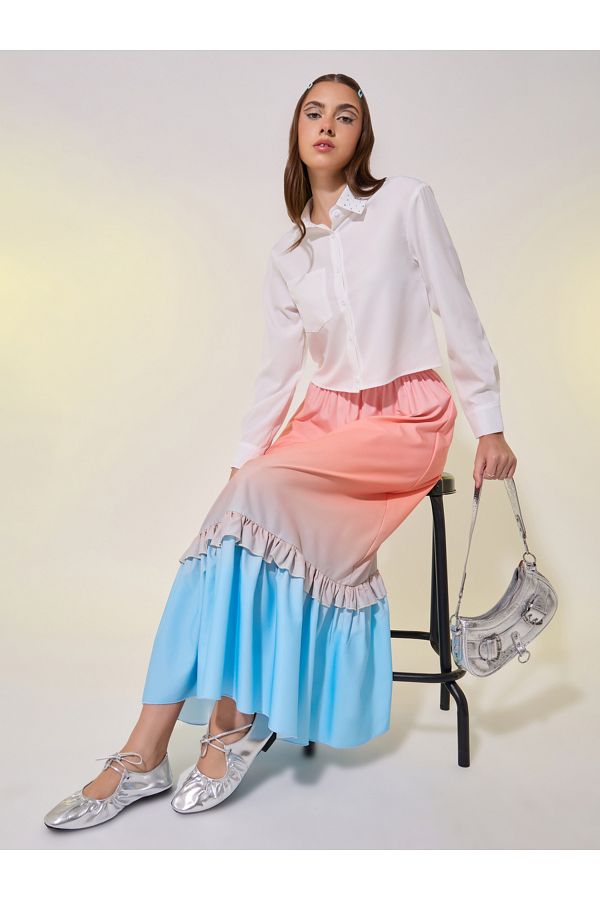 Take Two By Styli-Ombre Print Ruffled Hem A-Line Maxi Skirt 1
