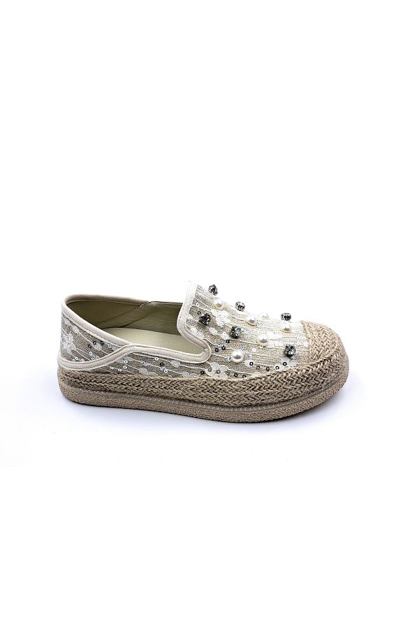 Guja-Women's Beige Espadrille Shoes with Pearl and Lace Detail 1