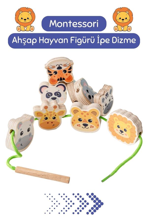 Hopiers Ahşap Hayvan Figürleri İpe Dizme Oyunu / 1+ Yaş / Montessori Eğitici ve Öğretici Çocuk Oyuncağı