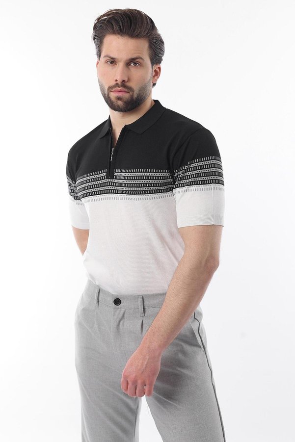 Madmext Black Zippered Polo Neck Patterned Men's T-Shirt E7296
