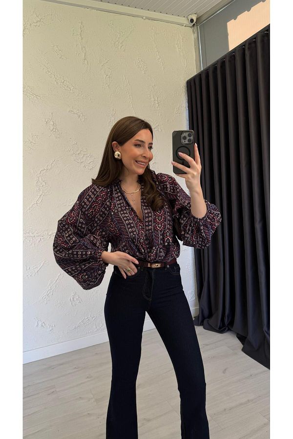 elif teke-Purple Ethnic Pattern Blouse 1