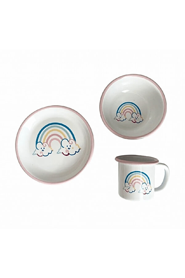 Bidoluraf Rainbow Bebek/çocuk Emaye Kırılmaz Yemek Mama Seti 3 Parça (TABAK - KASE - KUPA)