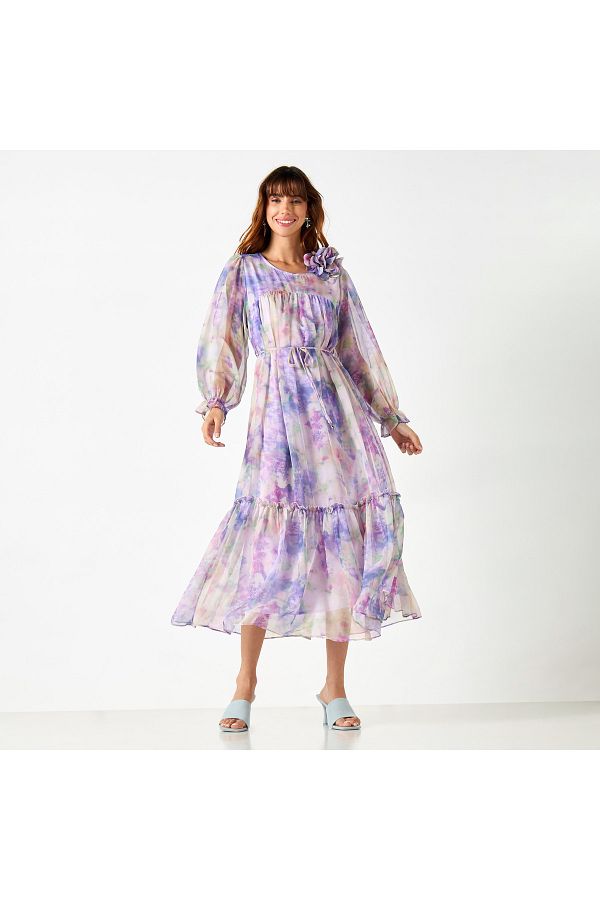 2Xtremz-All-over Print Dress With Volume Sleeves And Tie-up Belt 1