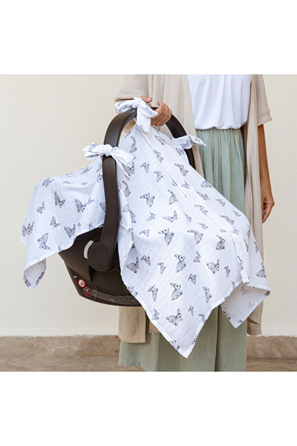 Deux Lapins % 100 Pamuk Müslin Puset Örtüsü Iconique Lapin - Gri Tavşan Desenli