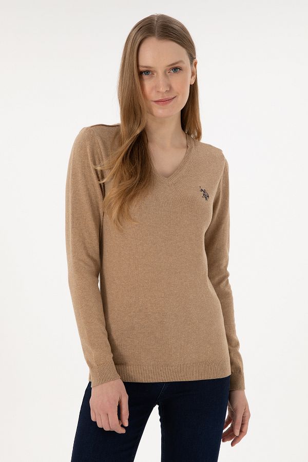 U.S. Polo Assn.-Women's Camel Melange V-Neck Basic Sweater 50251903 -Vr122 1