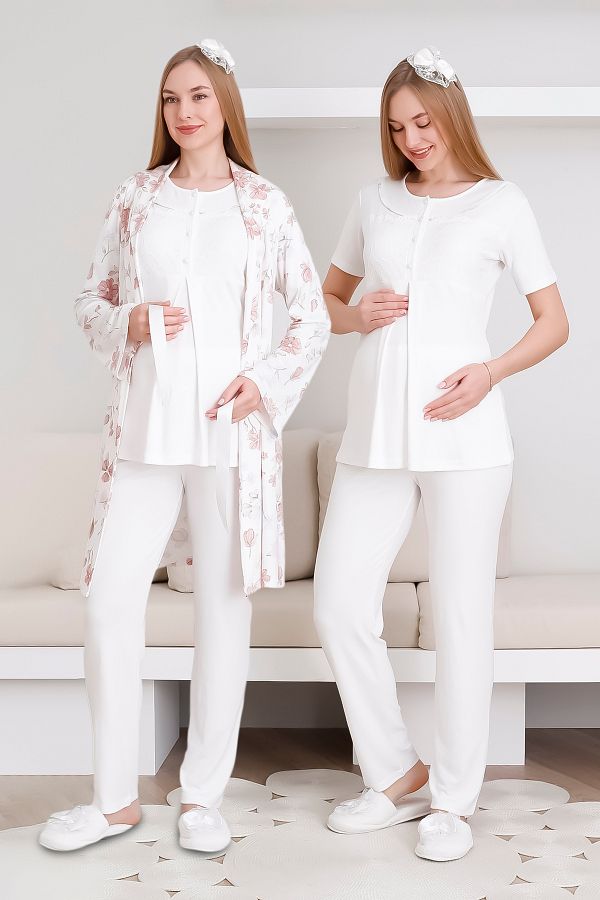 ERDENİZ TEKSTİL-Short Sleeve Pajama and Dressing Gown Set with Forward Buttons, Top Tied 1