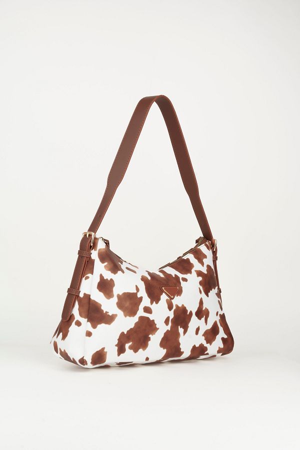 Vivaq-Women's Cow Pattern Brown Baguette Design Strap Lined Faux Leather Zipper Closure Hand and Shoulder Bag 1