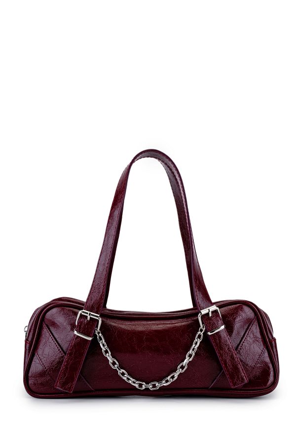minebag-Chain Detailed Patent Leather Faux Leather Women's Shoulder Bag Miranda Claret Red 1