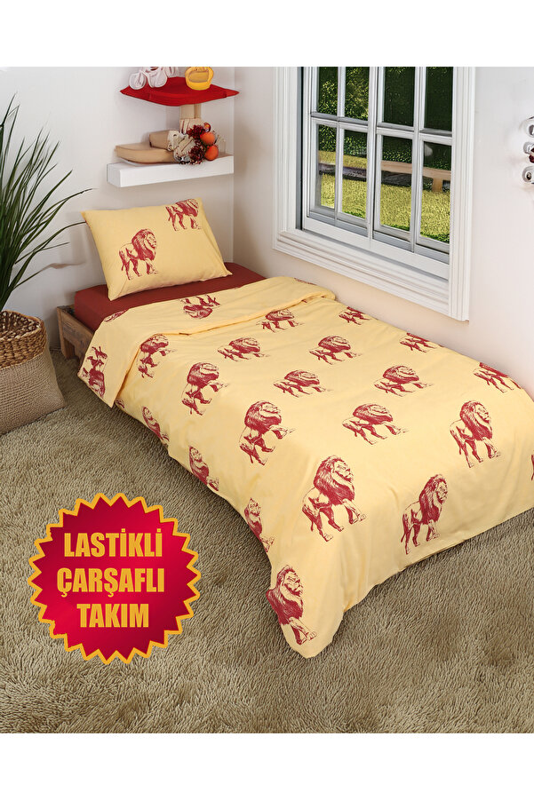 Sares Home Sarı Kırmızı Aslanım Tek Kişilik Çarşafı Lastikli Nevresim Takımı Iki Taraflı Kullanım