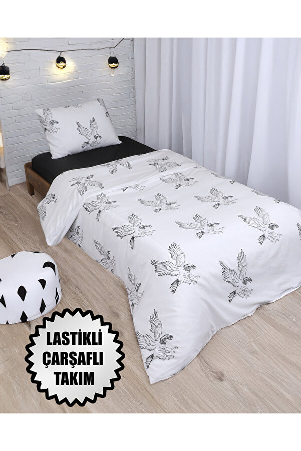 Sares Home Siyah Beyaz Kartalım Tek Kişilik Çarşafı Lastikli Nevresim Takımı Çarşafı Siyah