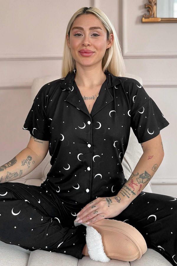 Pijamaevi-Black Twilight Glow Patterned Bamboo Front Buttoned Short Sleeve Pajama Set 1