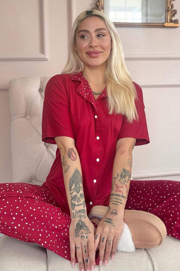 Pijamaevi-Red Blush Dots Patterned Bamboo Front Buttoned Short Sleeve Pajama Set 1