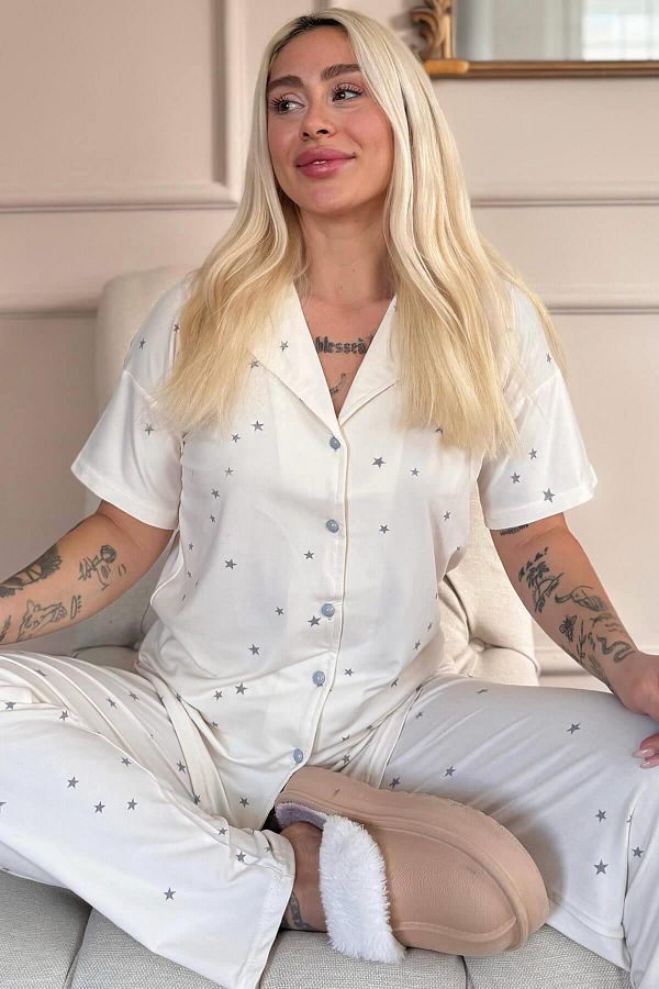 Pijamaevi-Ecru Twilight Glow Patterned Bamboo Front Buttoned Short Sleeve Pajama Set 1