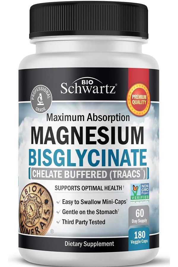 BioSchwartz-Magnesium Bisglycinate Chelate - No-Laxative, Max Absorption, Energy & Bone Support, Non-GMO, 180ct 1