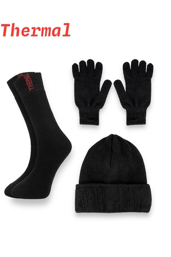 Line Smart-Men's Black Color Thermal High Quality Soft Durable Socket Socks Beanie and Gloves Set 1