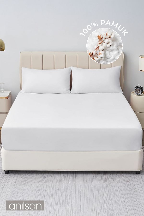 Anılsan-Plain White Fitted Sheet 100% Cotton Single/Double Home, Hotel Sheet, 63 Wire 1