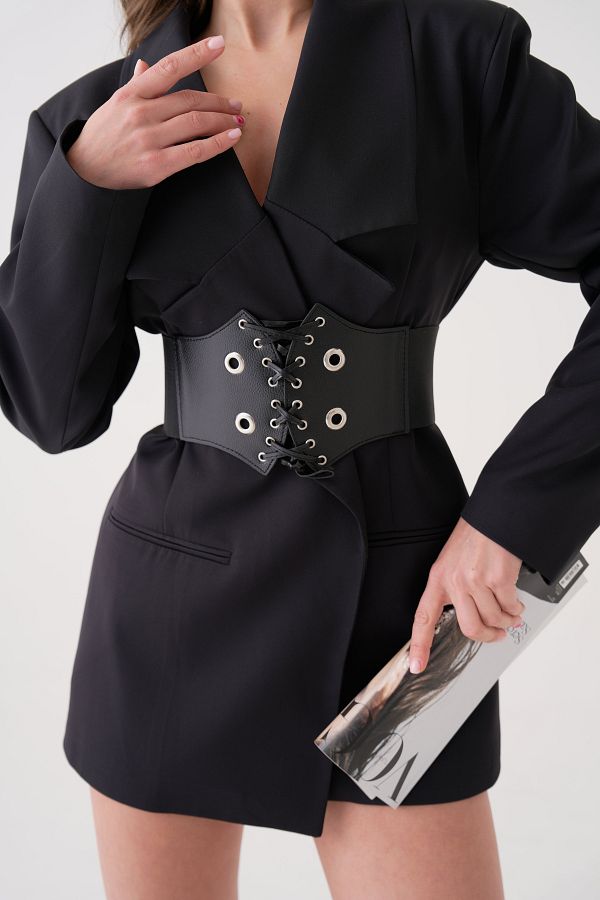 vuvutasarım-Corset lat, elastic, din cauciuc, cu șireturi și ochiuri, curea neagră lată pentru femei din piele artificială 1226 1