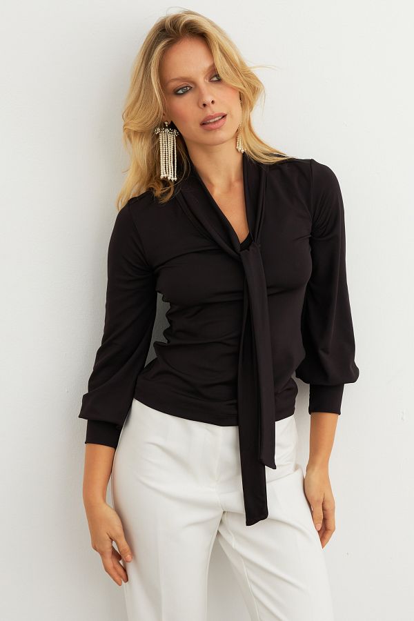Cool & Modest-Schwarze Schalbluse für Damen MEY3007 1