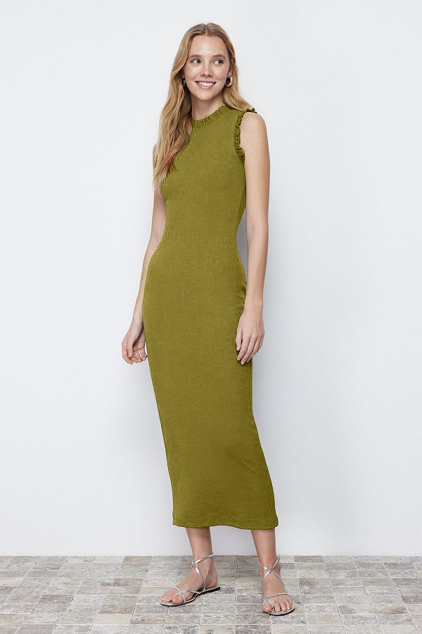 Trendyol Collection-Rochie flexibilă Midi Smart Pencil - verde ulei, detaliu cu volan TWOSS22EL1569 1