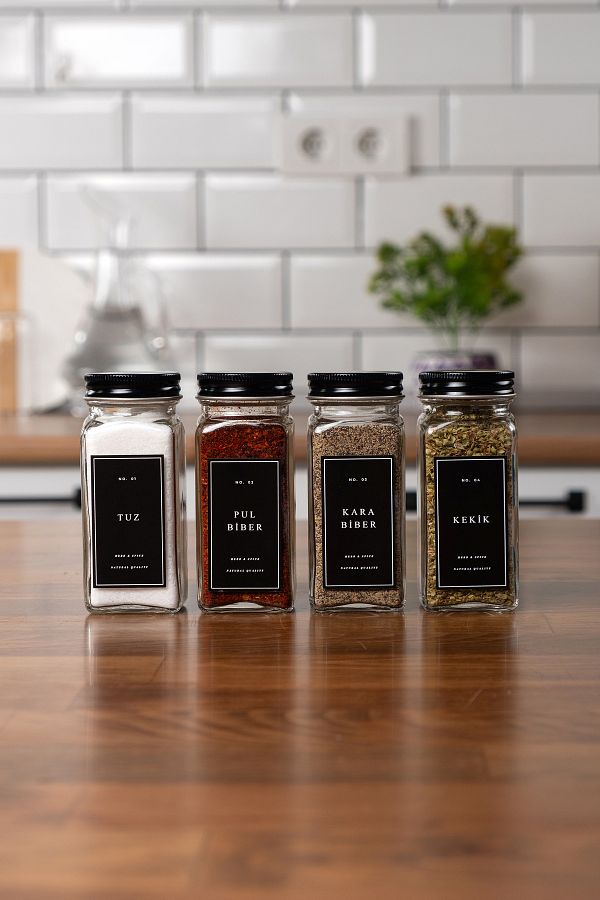EVLE-Set of 4 Glass Spice Jars with Black Lids and Labels 1