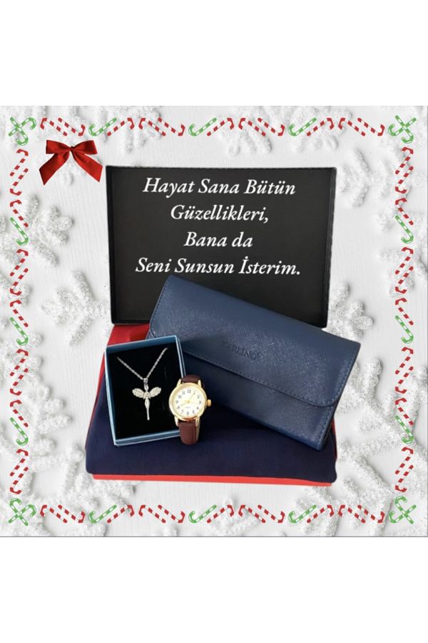 Carlino-Gift Set Claret Red Wrist Watch-Navy Wallet-Combed Shawl-Angel Wing Steel Necklace 1
