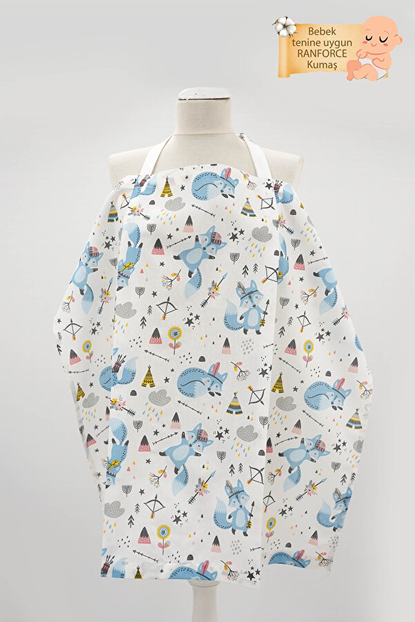 mordesign Çok Amaçlı Bebek Emzirme Örtüsü; Puset, Bebek arabası örtüsü, Emzirme Önlüğü, Tilki Serisi, Mavi