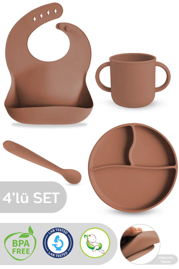 Meleni Baby 4'lü Silikon Beslenme Seti - Bebek Mama Önlüğü, Mama Kaşığı, Kulplu Bardak, Vakumlu Tabak Kahverengi