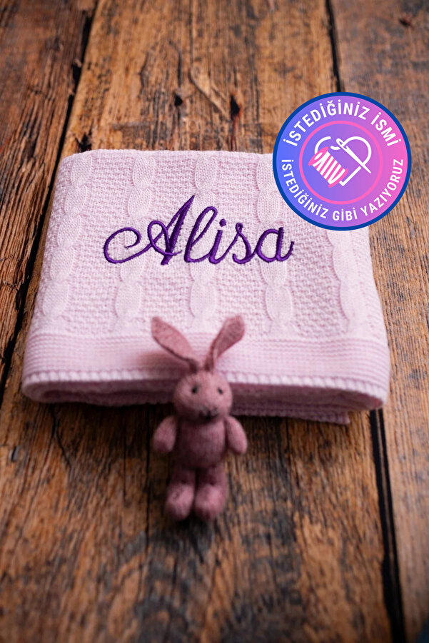 tinykiddesign Pamuklu Bebek Battaniyesi Pembe Triko Örgülü Pembe Bebek Hediyesi Istediğiniz Ismi Nakışla Yazıyoruz