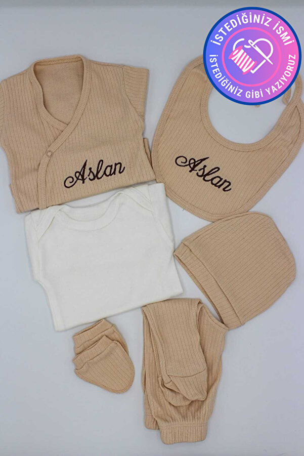 tinykiddesign Zıbın Seti Pamuklu Yeni Doğan Bebek Zıbın Seti 6 Parça Bej Istediğiniz Ismi Nakışla Yazıyoruz