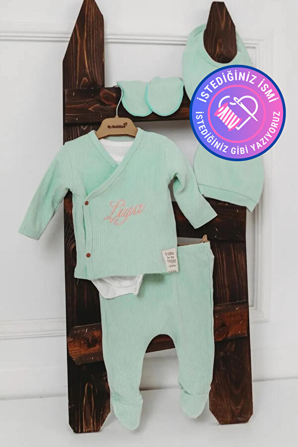 tinykiddesign Zıbın Seti Yeni Doğan Hediyelik Zıbın Seti 6 Parça Yeşil 0-3 Ay Istediğiniz Ismi Nakışla Yazıyoruz