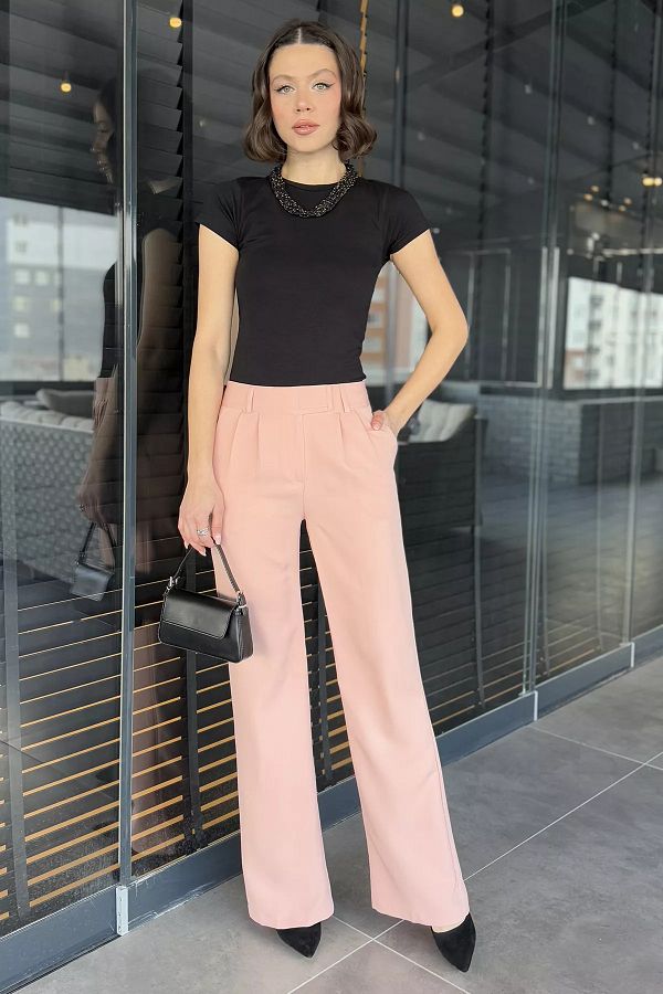 GÜLSELİ-Pantaloni de damă din țesătură cu talie pudra cu velcro 1