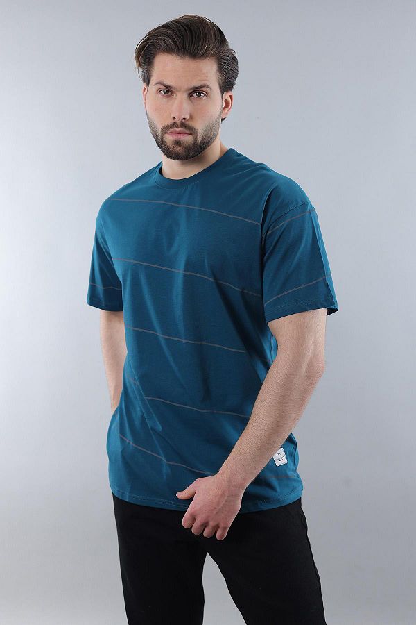 Madmext-Ανδρικό μπλουζάκι Petrol Blue Crew Neck Basic ριγέ E7102 1