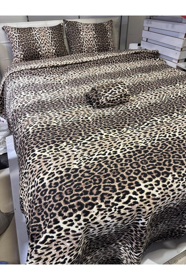 ŞENER HOME-Cotton (Battal) Double Fitted (Elastic) Leopard Patterned Duvet Cover Set with Sheets 1
