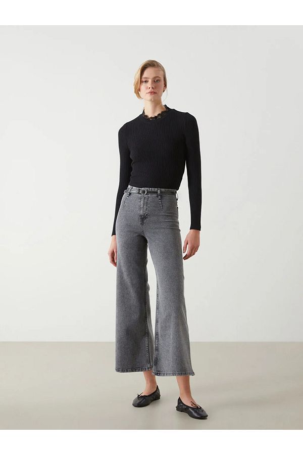 LC Waikiki-Lcw Jeans Gray Wideleg Women's Jean Trousers with Belt 1