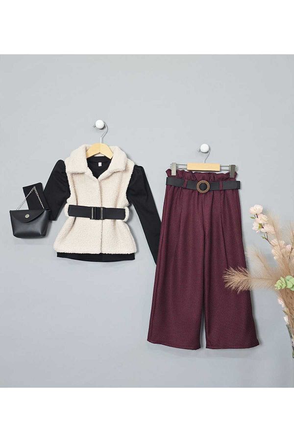 BLR KİDS-vestă de blană pentru copii de sex feminin cu pantaloni din picior de găină costum de sus cu geantă 1