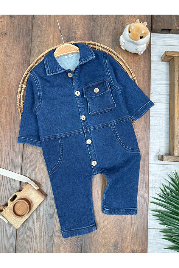 Genel Markalar Premium Kalite Yumuşak Doku Önden Düğmeli Esnek Geniş Kalıp Unisex Örme Kot Bebek Tulum