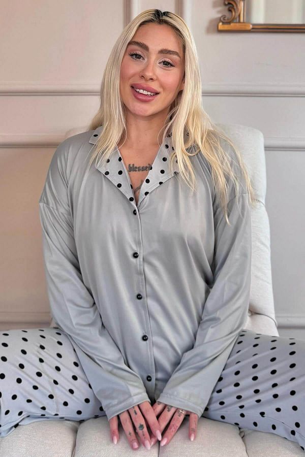 Pijamaevi-Gray Points Patterned Bamboo Front Buttoned Long Sleeve Women's Pajama Set 1