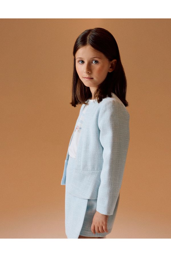 Ziddy-Tweed Frill Jacket for Girls, Light Blue 1