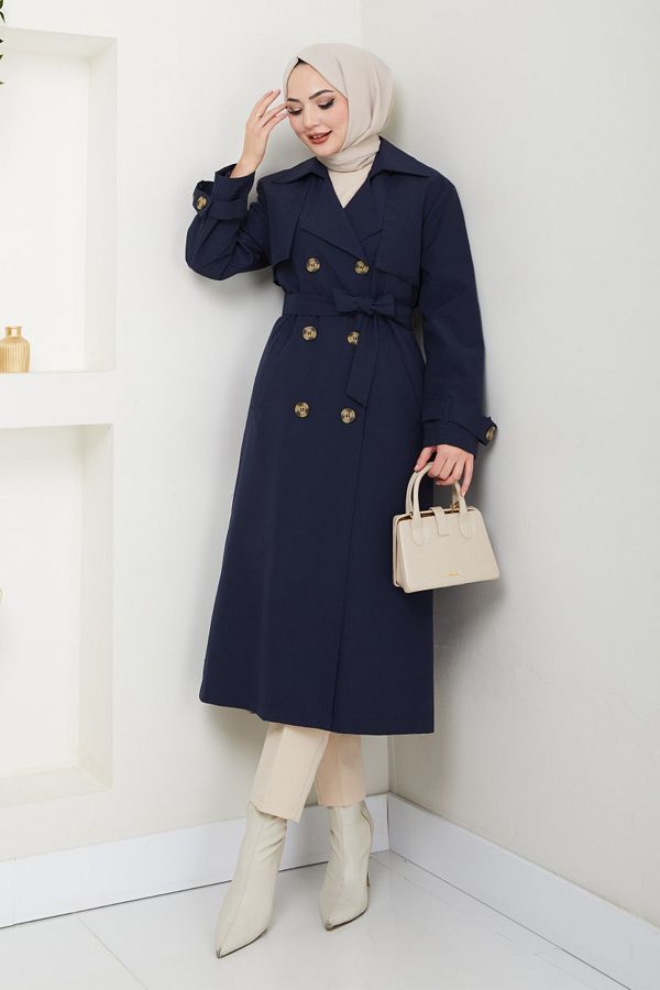 InStyle-Lined Navy Blue Trench Coat with Stone Buckle Detail 1