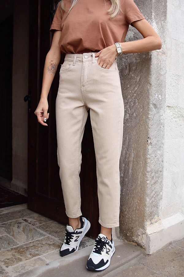 ByCukurovaFrango-Blugi Mom de culoare bej cu talie înaltă Pantaloni din denim elastic din lycra 1